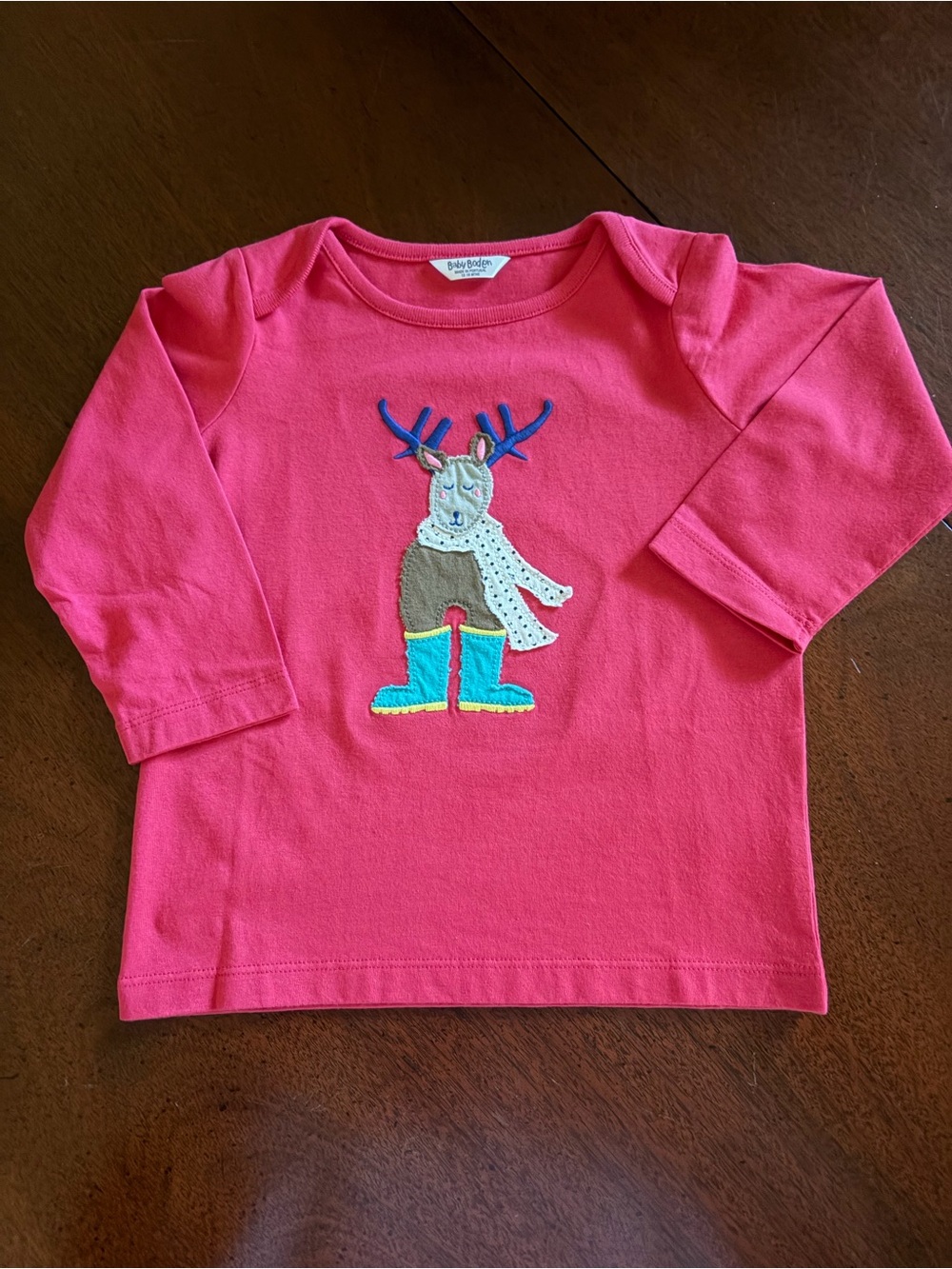 Mini Boden Bright Pink Long-Sleeve Tee with Reindeer Applique